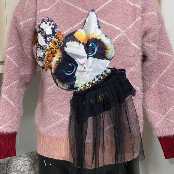 Pink Argyle Mock Neck Cat Sweater Size Medium - Picture 3 of 7